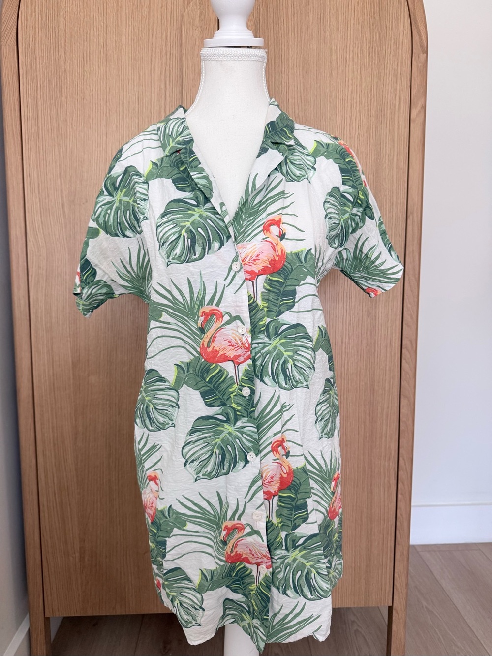 superdown Tropical Flamingo Button-Up Swim Coverup — Green & Pink